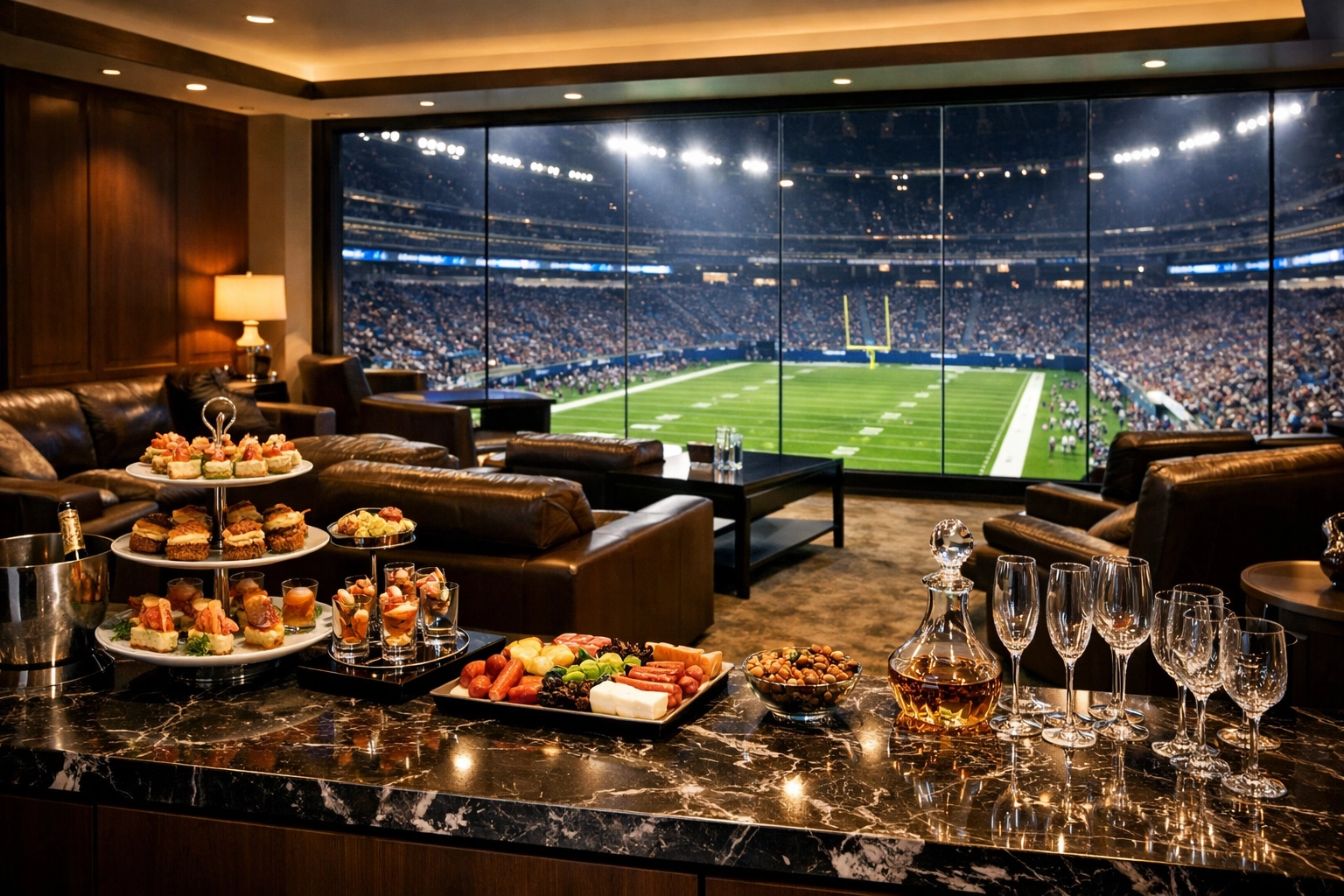 Luxury stadium suite with gourmet catering and a field view for executive VIP hospitality.