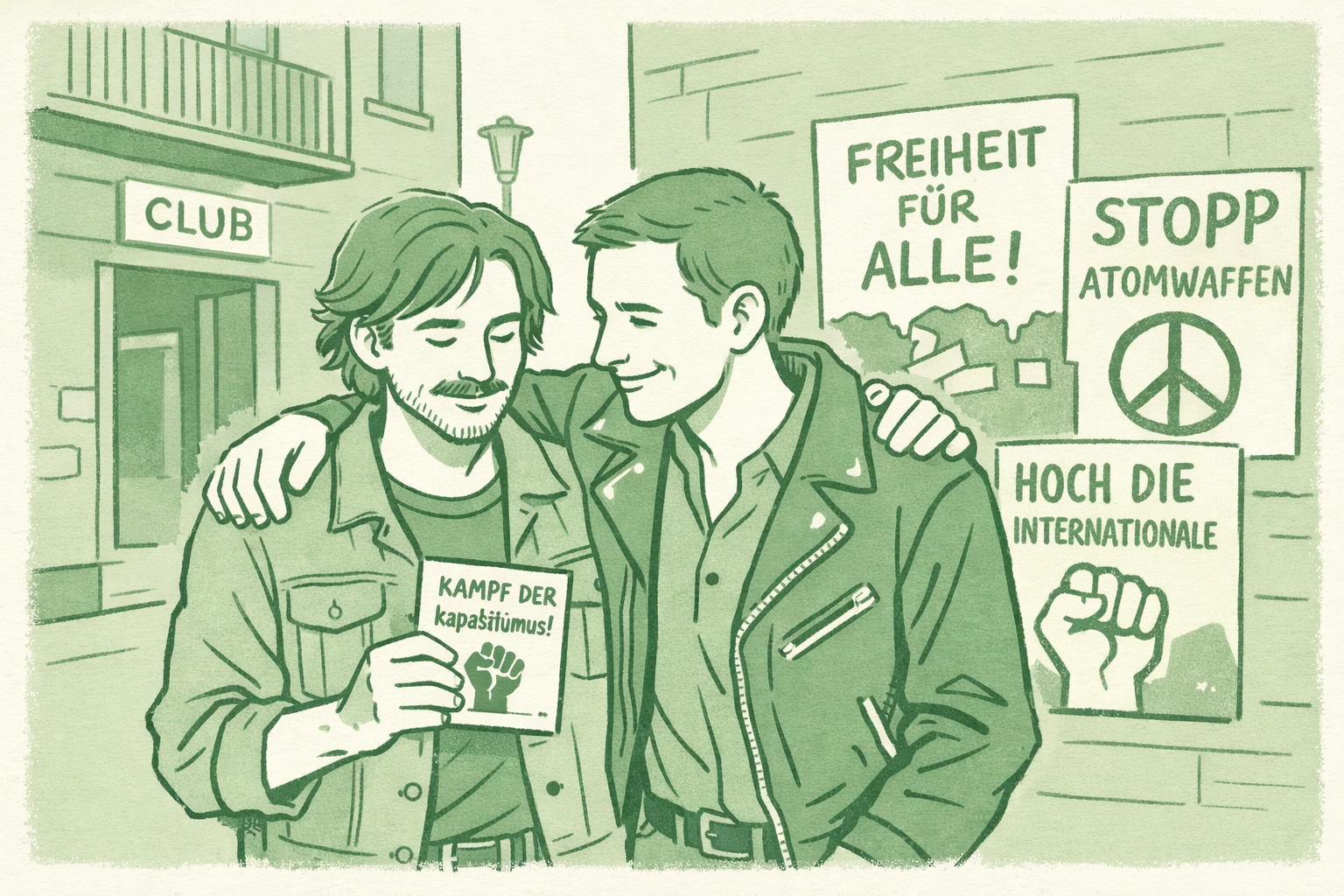 Gay activists embrace outside 1970s Berlin LGBTQ+ venue with protest posters
