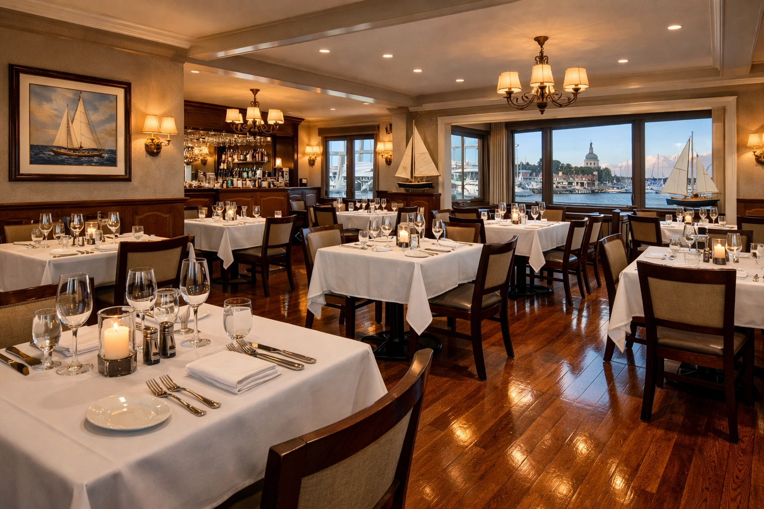 [HERO] Sparkling clean upscale Annapolis restaurant dining room ready for Restaurant Week guests
