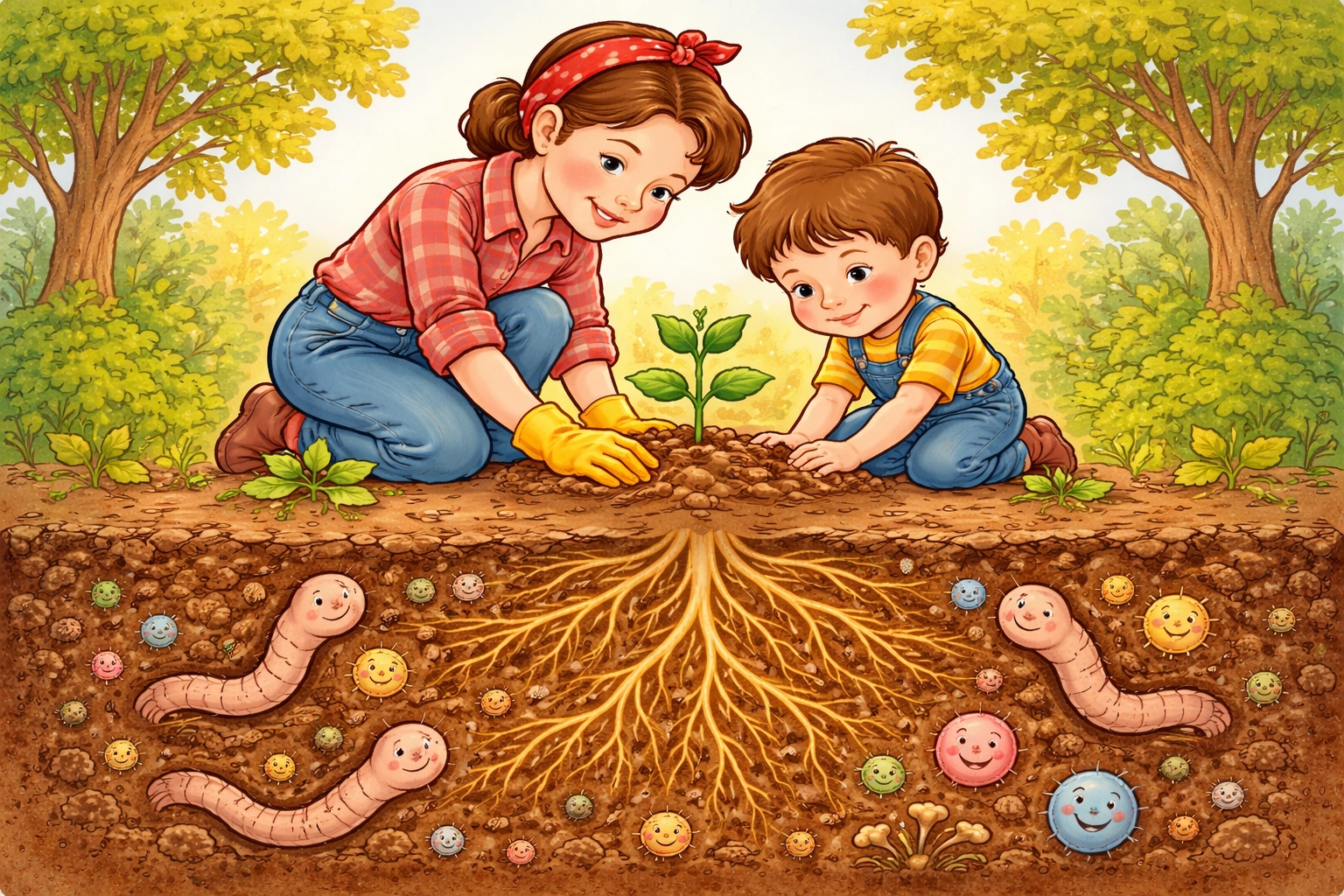 Parent and child planting seedlings in a garden with earthworms and microbes helping roots grow below the soil