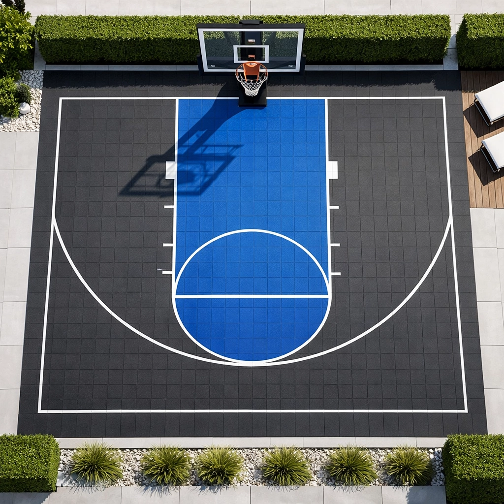 Top-down view of a professional 3x3 basketball court layout in a modern New Zealand backyard.