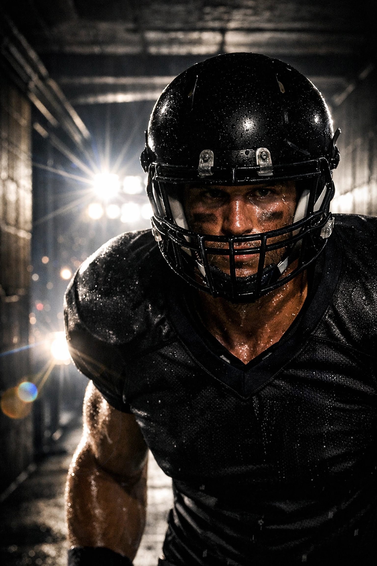 Professional football player in a stadium tunnel representing high-performance branding.