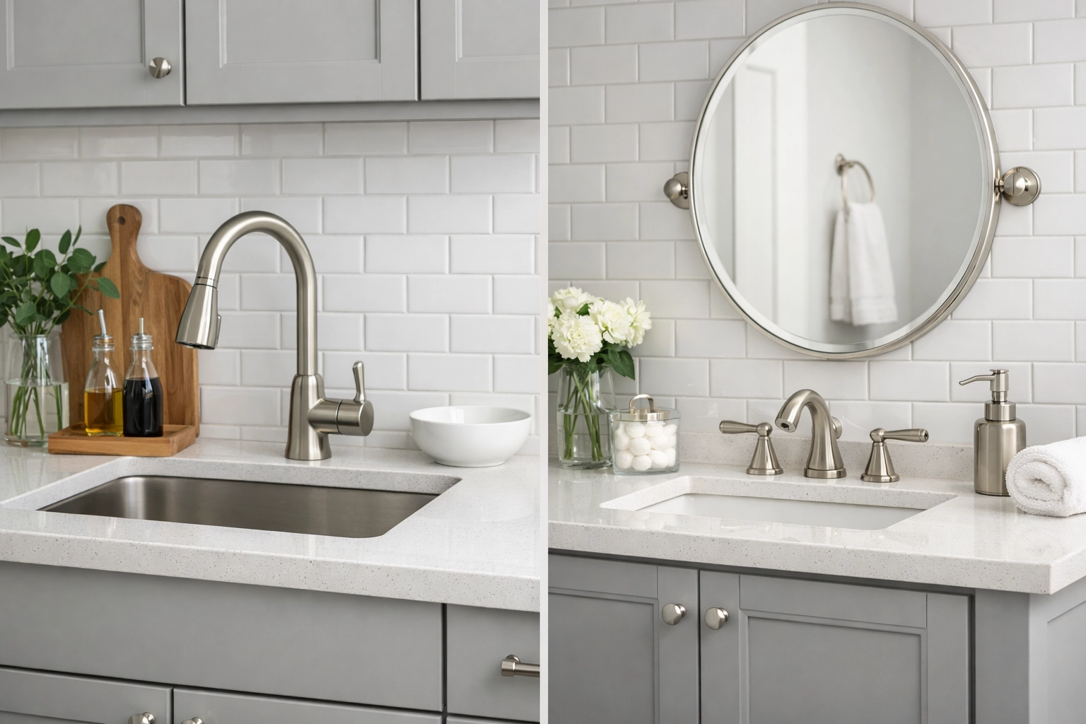 Modern kitchen and bathroom remodeling Orlando with quartz countertops and subway tile