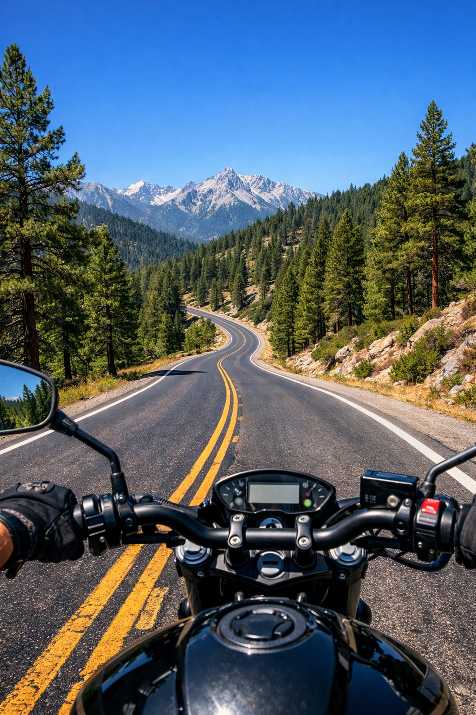 Rider's view of open mountain road illustrating freedom and mental health recovery journey