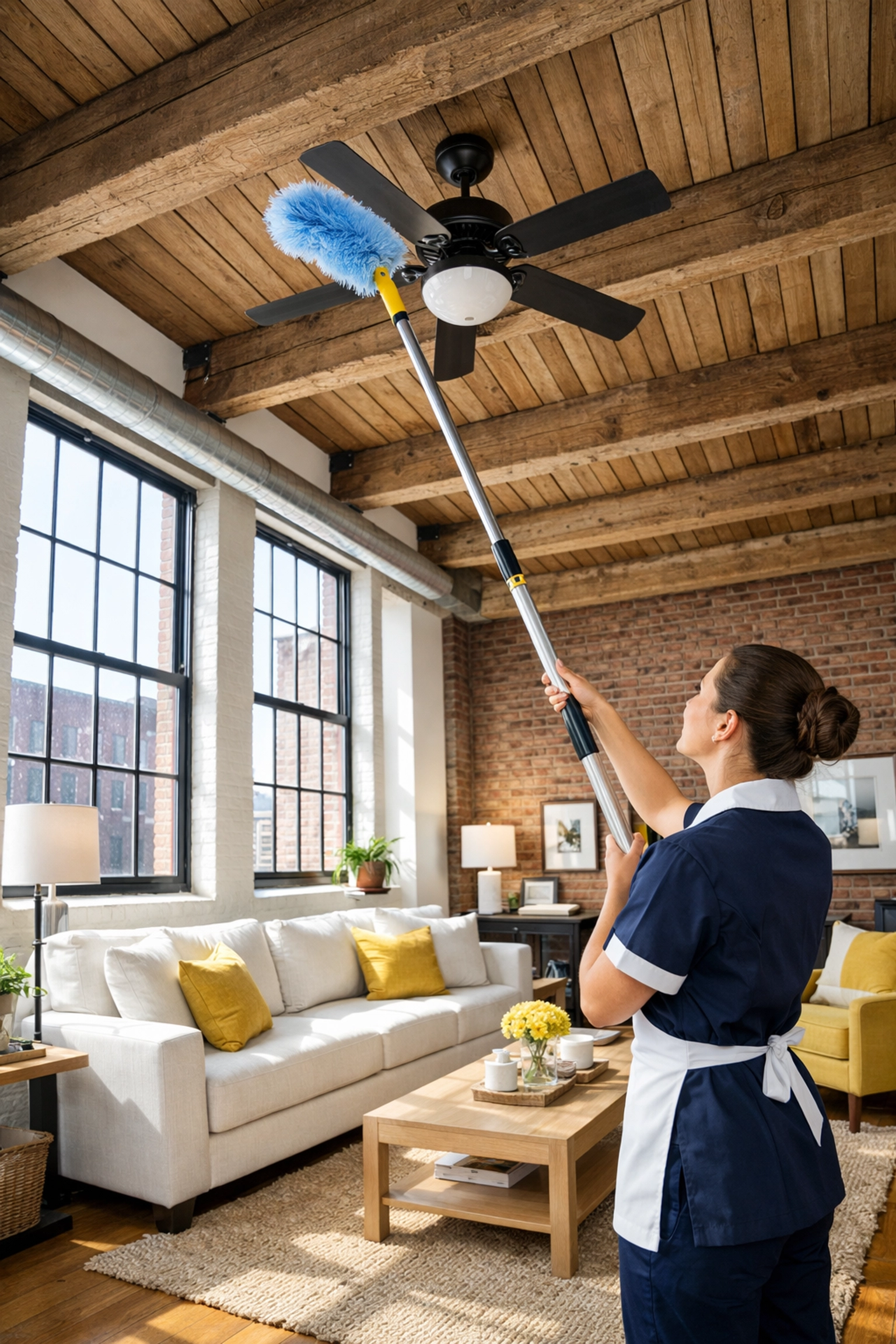 Professional cleaner performing house cleaning in a Lowell MA mill apartment using the top-down dusting method.