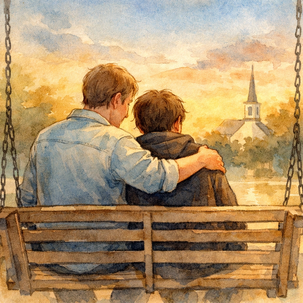 Parent and teenager having heartfelt conversation on porch swing