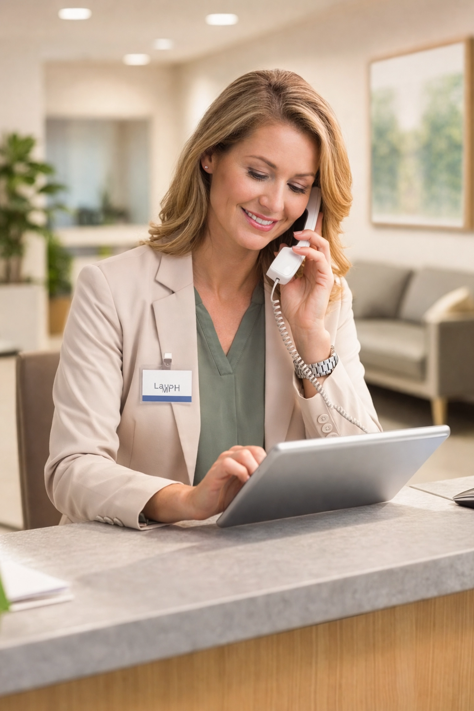 Healthcare administrator verifying prior authorization requirements at medical office reception