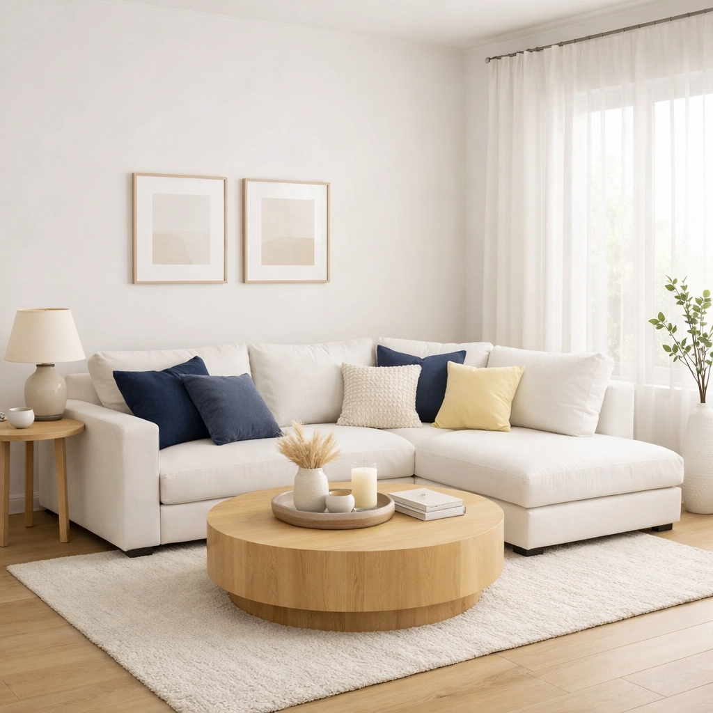 Dust-free minimalist living room with white sofas and blue accents, showcasing a clean home environment for families.