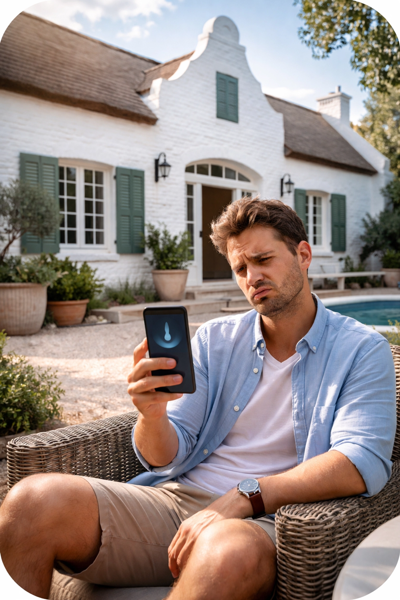Frustrated homeowner with smartphone facing WiFi issues in a Cape Town house with thick brick walls