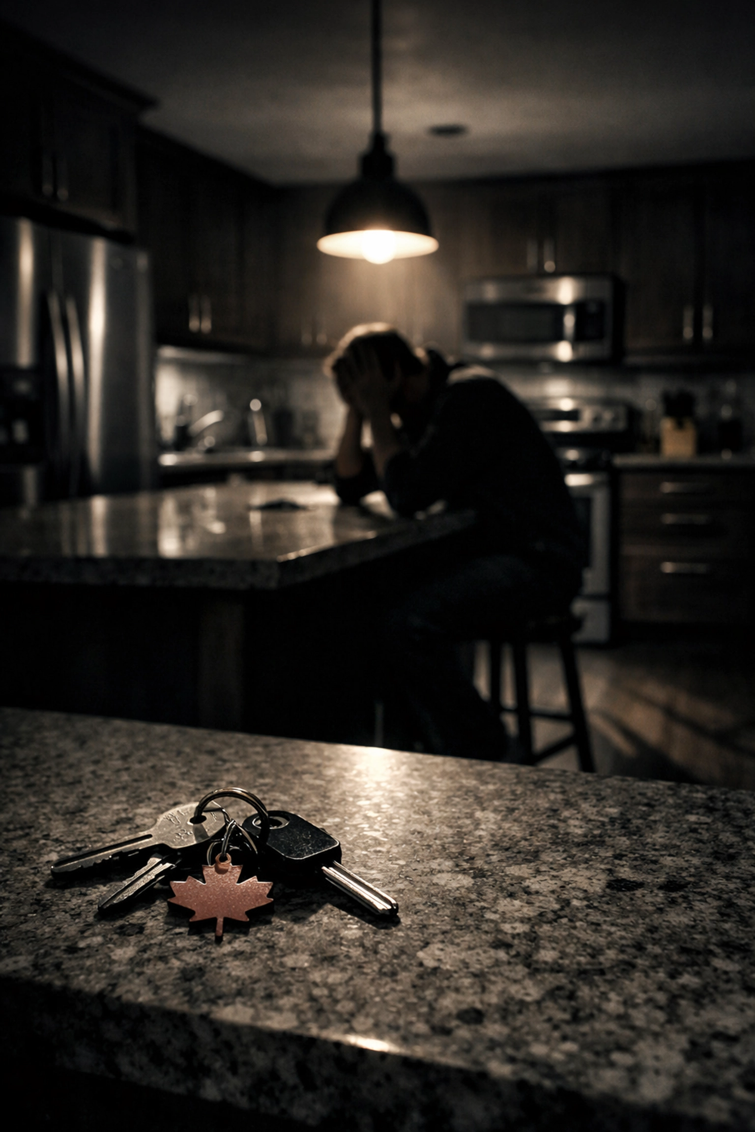 A person in a darkened kitchen symbolizing the financial stress of Canadian household debt and high interest rates.