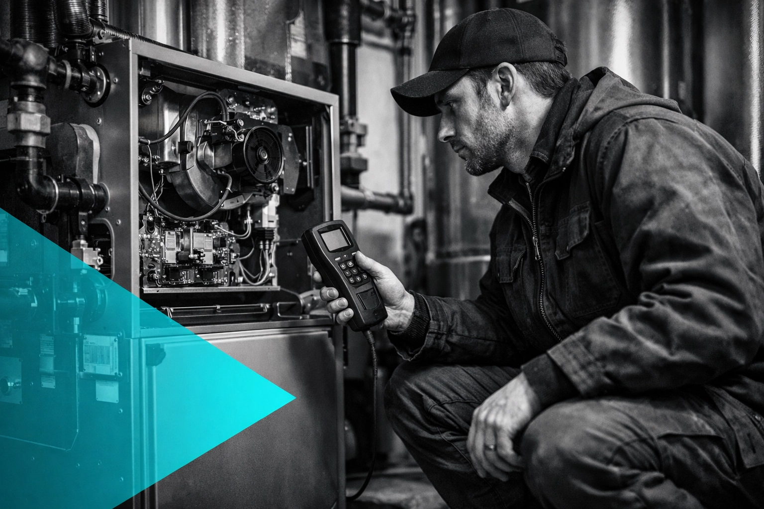 HVAC technician inspecting a furnace unit, representing high-intent Google Search leads for trades.
