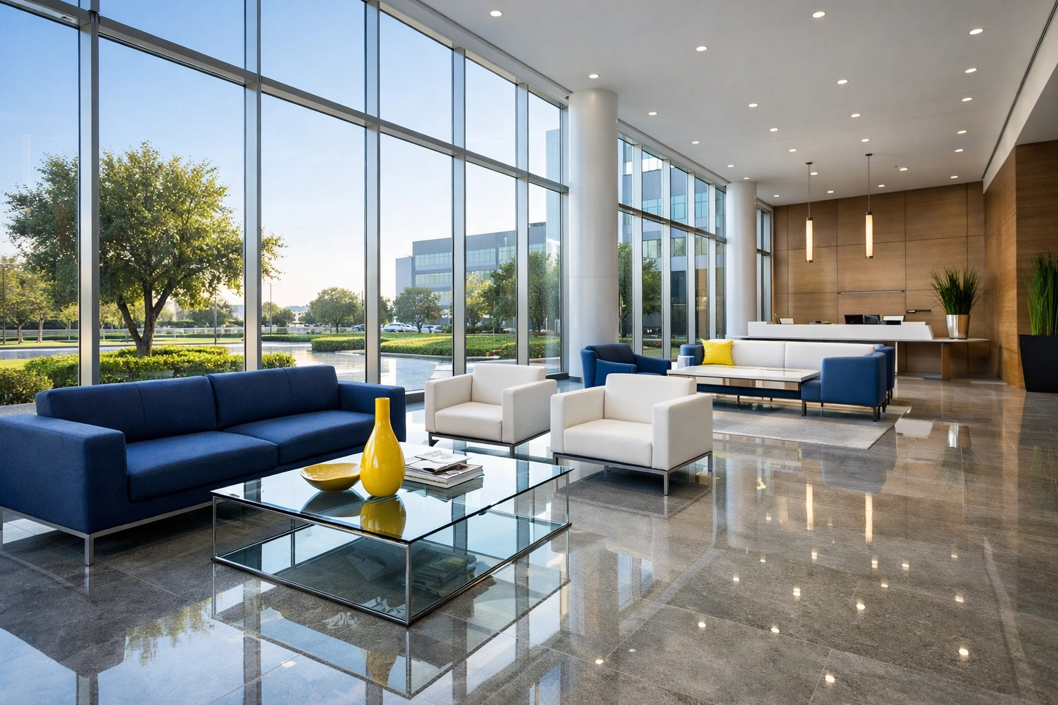 Modern corporate lobby in Tewksbury with polished floors maintained by commercial cleaning services.