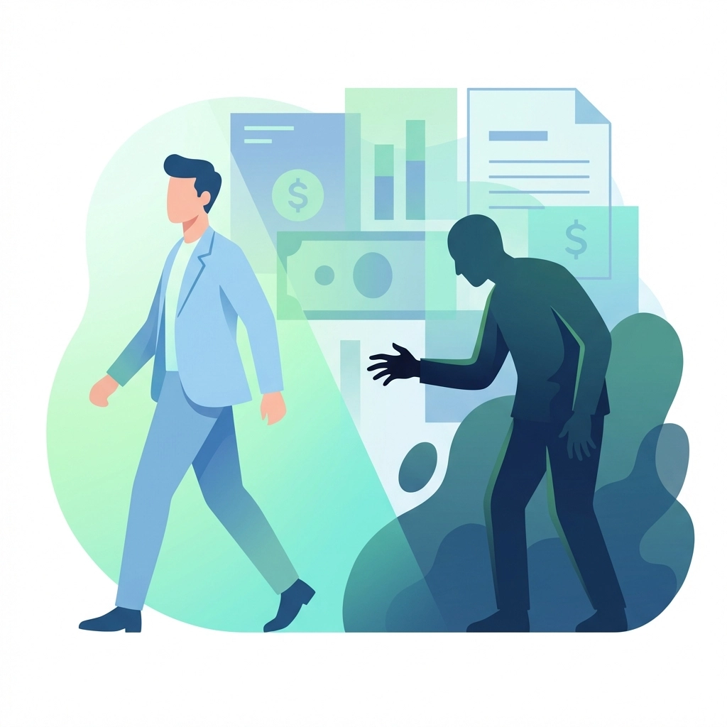 Illustration of a person avoiding a scammer demanding money upfront, highlighting secure surplus fund recovery practices. Illustration of a person avoiding a scammer demanding money upfront, highlighting secure surplus fund recovery practices.