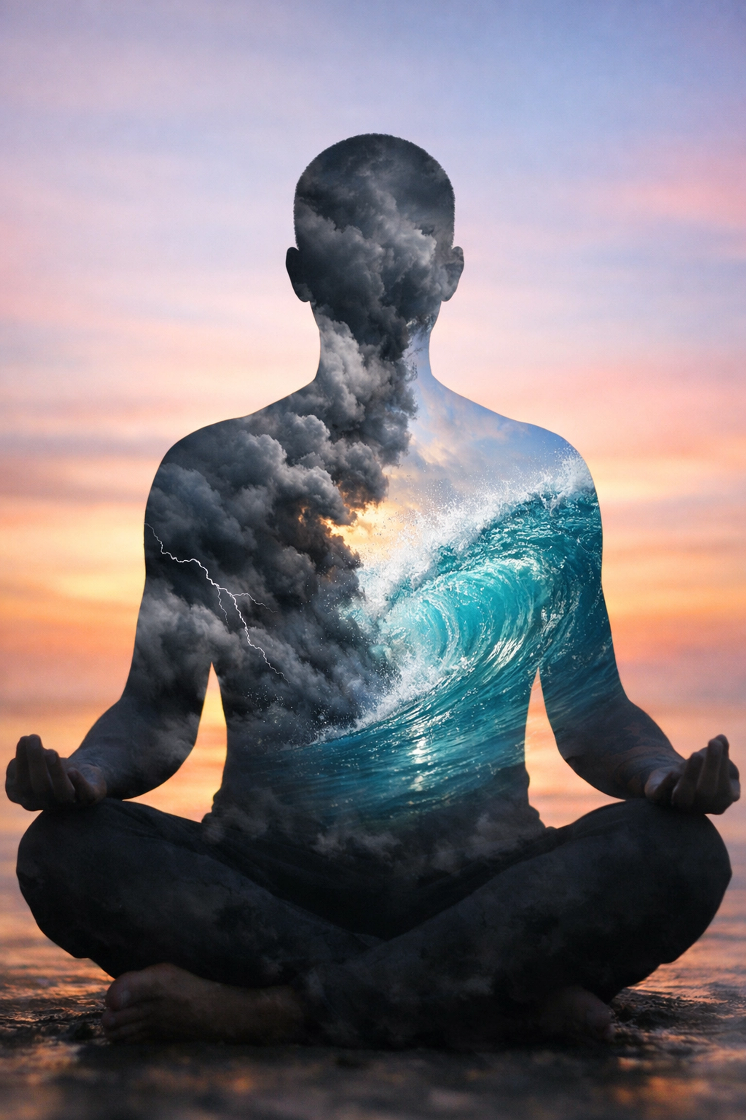 Meditative silhouette showing a transition to mental clarity and reduced stress through sound baths