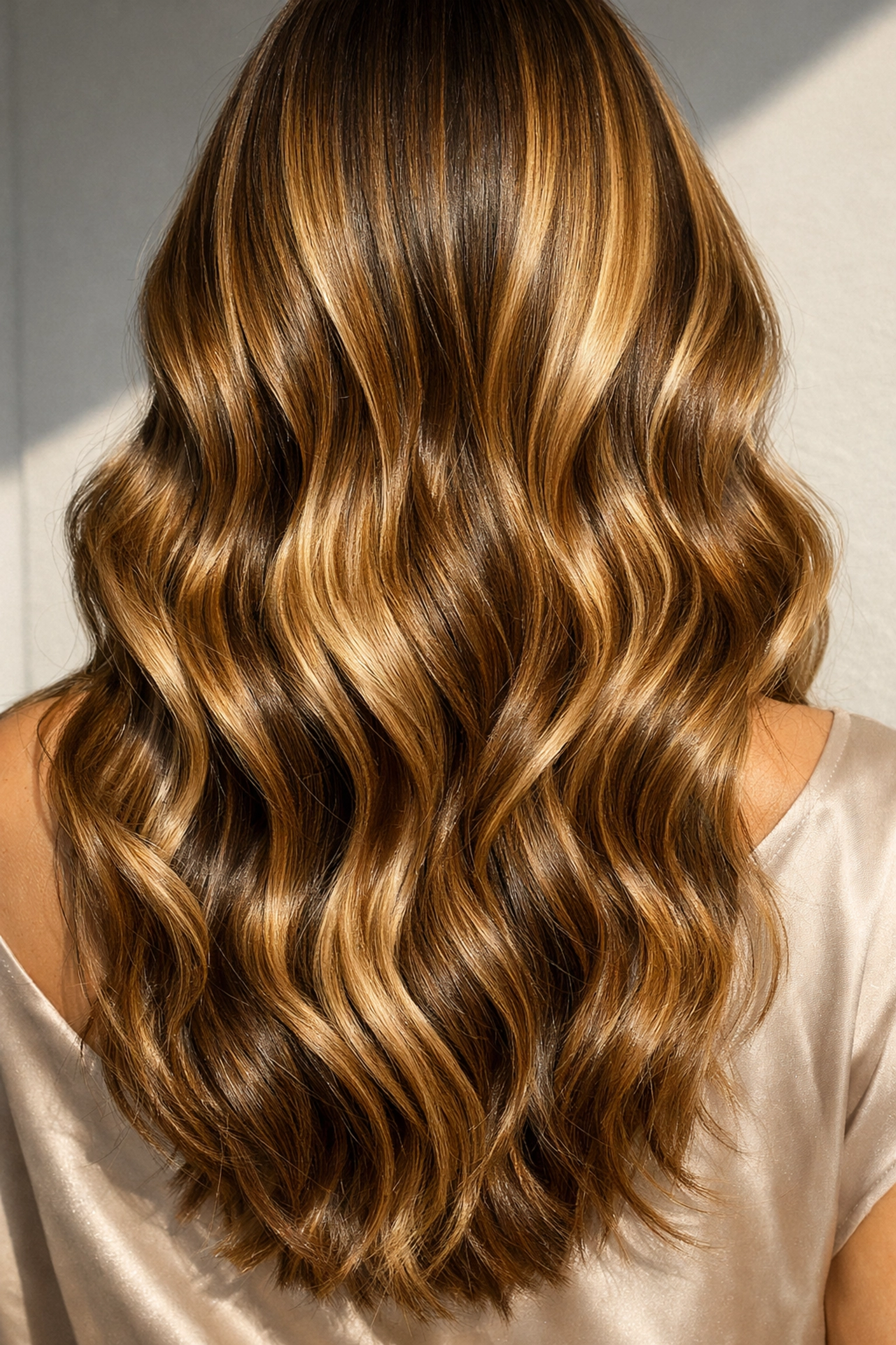Honey blonde and caramel balayage waves after hair color transformation at Concord NH salon