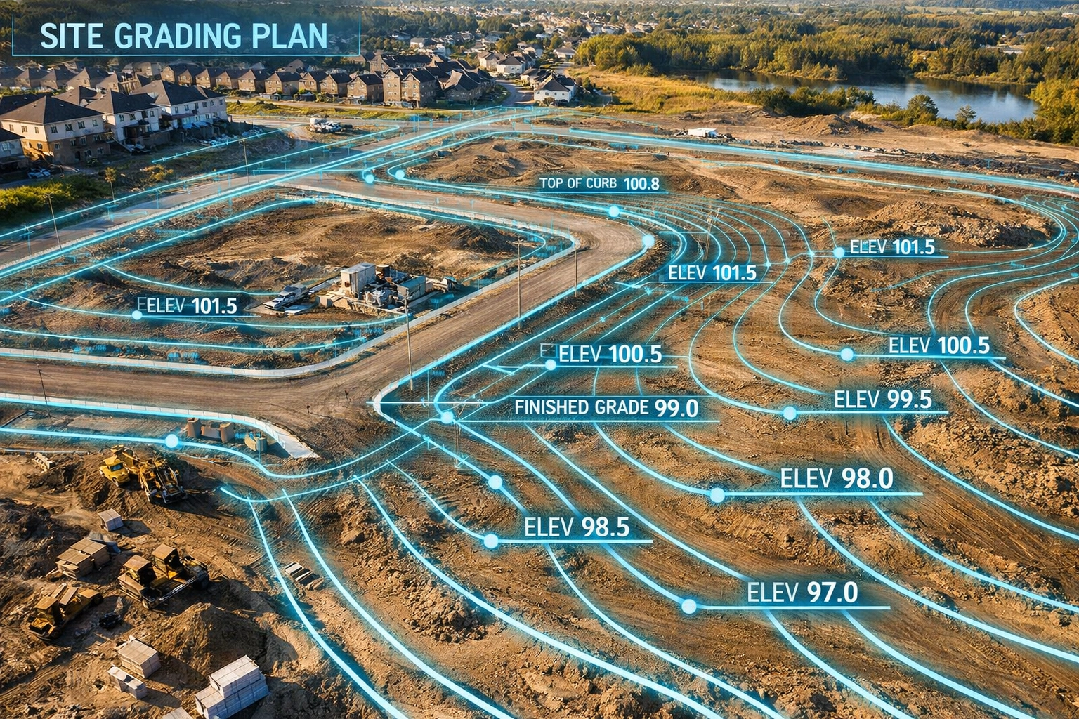 Aerial view of an Ontario construction site with a professional site grading plan overlay for precision.