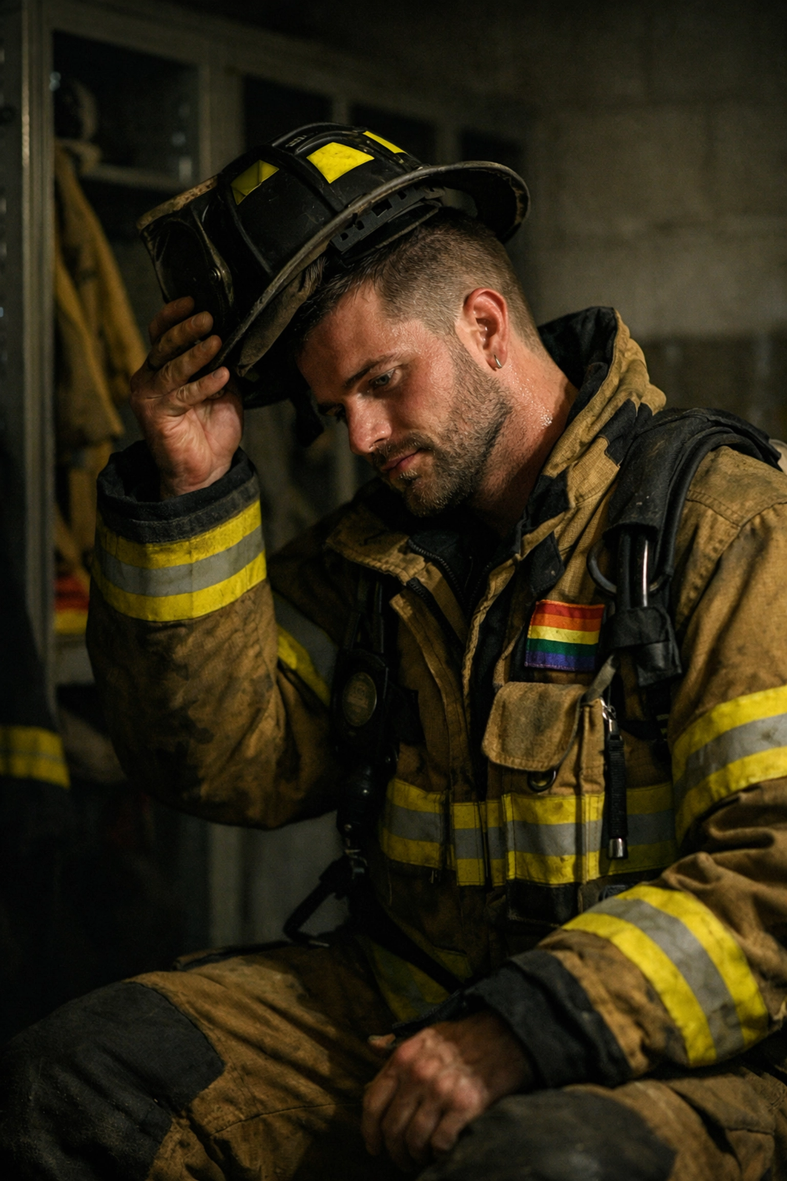 Gay firefighter removing helmet after shift showing authentic life behind the hero label