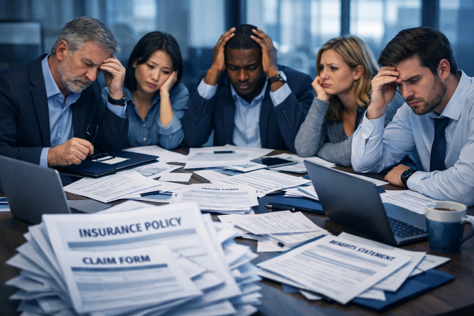 Employees overwhelmed by stacks of voluntary benefits documents and PDFs on conference table
