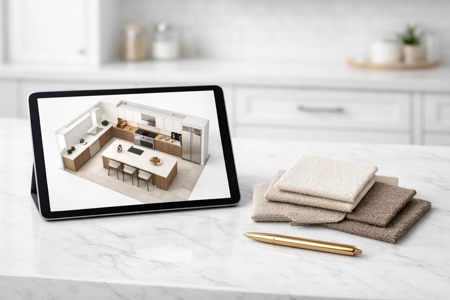 Virtual home design workspace featuring kitchen floor plans and interior design fabric swatches.