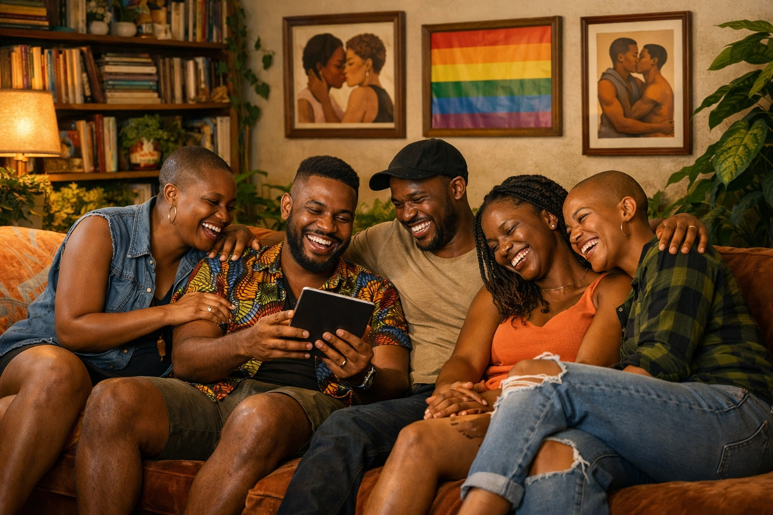 Queer African friends sharing joy and reading together in a cozy Nairobi apartment.