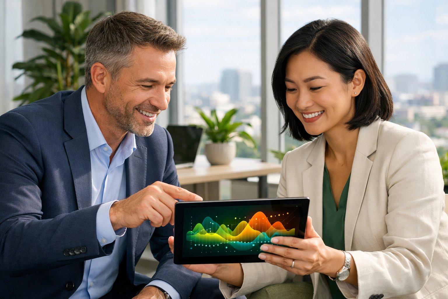 Business owners reviewing a commercial solar ROI report and energy performance data in a modern office.