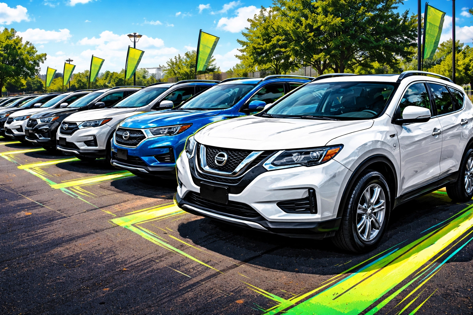 Row of affordable used SUVs and crossovers on dealership lot, highlighting used cars under $15,000 near Imperial, MO