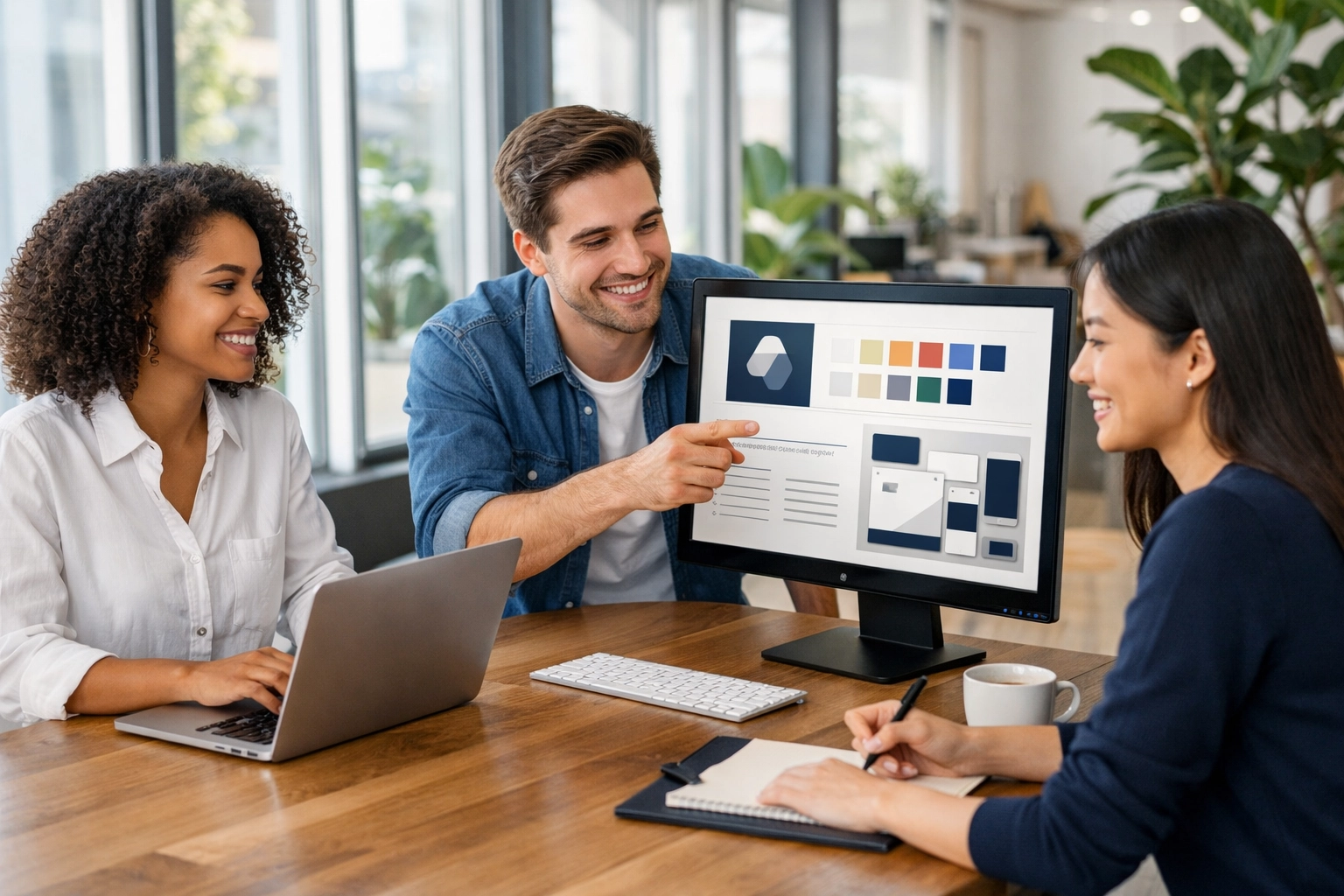 Marketing professionals in a modern office using scalable brand templates to ensure consistent design.