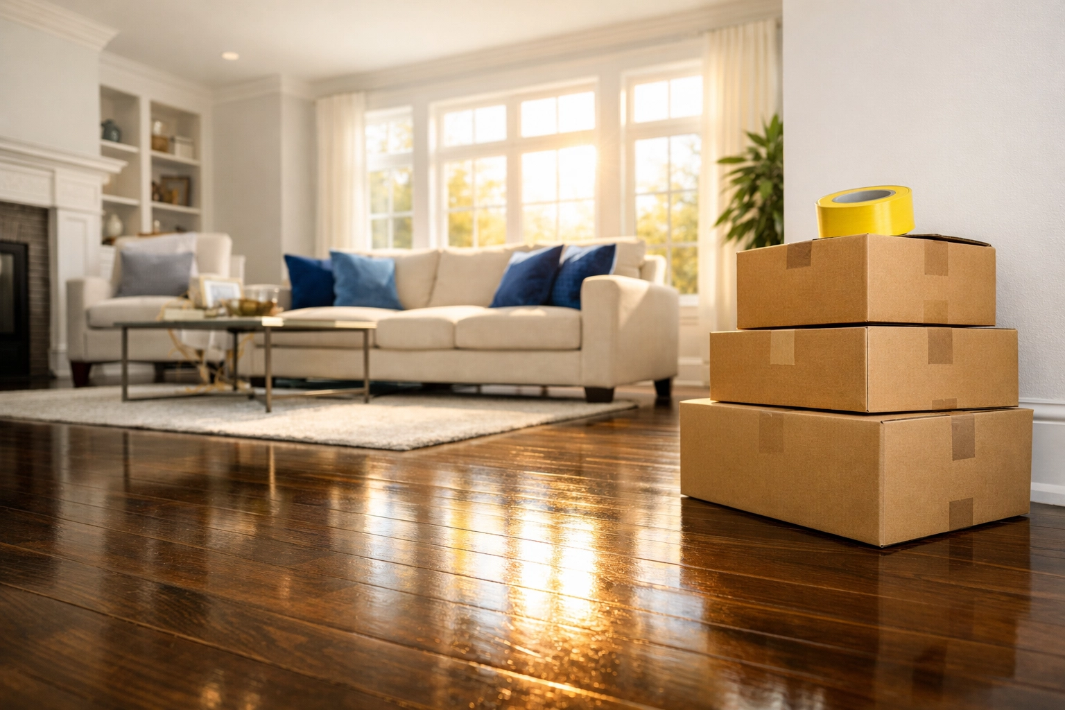 Clean Natick living room with polished floors ready for move-in after professional cleaning.