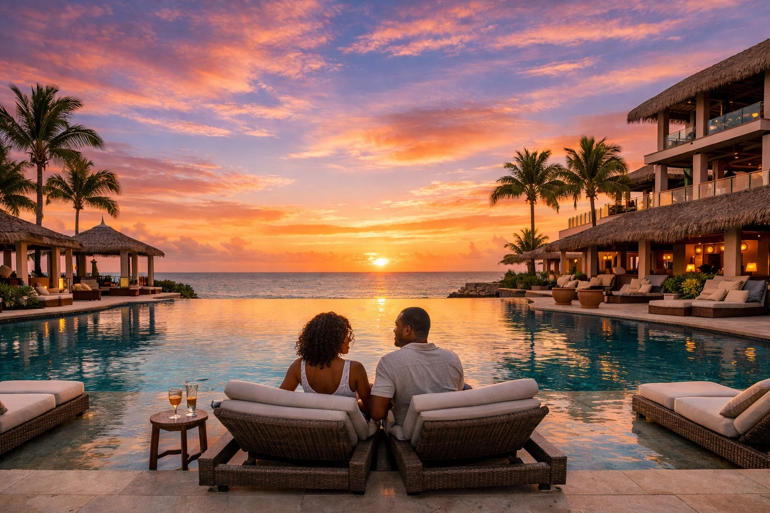 A couple enjoying a luxury adults-only resort infinity pool booked through a travel planning service.