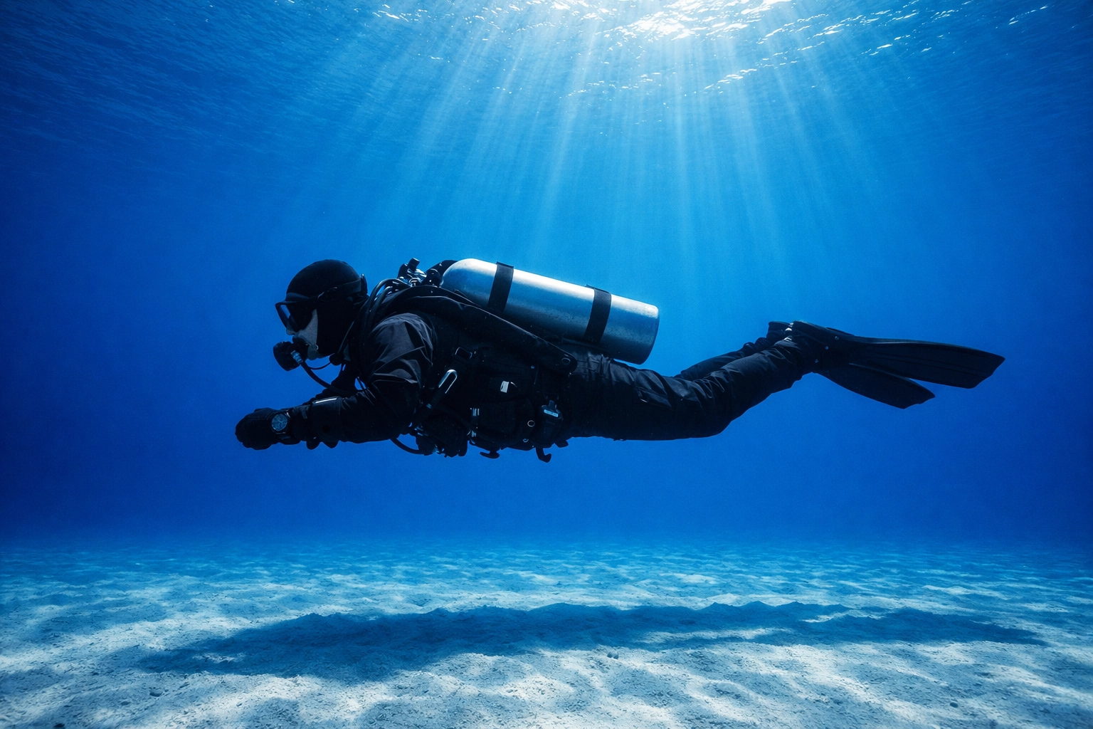 Taucher in perfekter horizontaler Trimmlage mit Wing-System unter Wasser