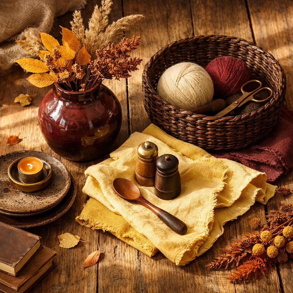 Burgundy ceramic vase, chocolate woven basket, and butter yellow linen arranged on rustic wood table