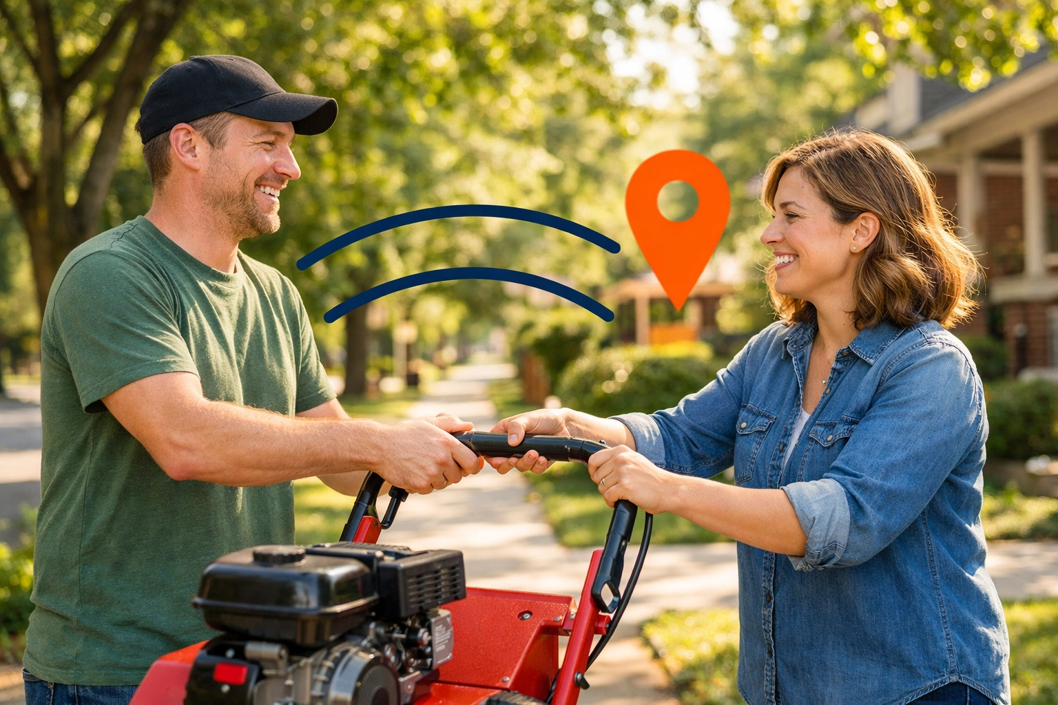 Wakefield neighbors smiling while sharing a lawn aerator on a sidewalk, representing community equipment rental.