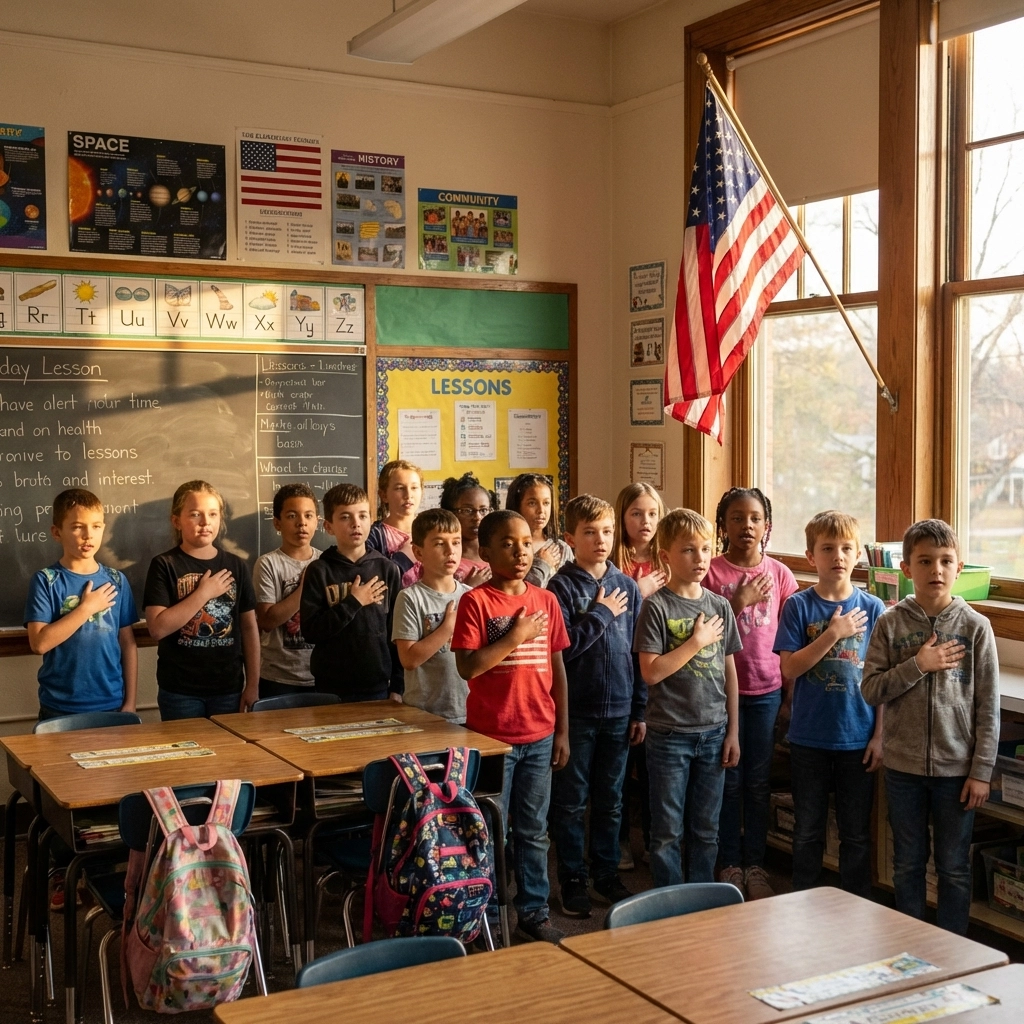 Elementary school students stand with hands over hearts facing the American flag during the Pledge of Allegiance ceremony in a classroom.