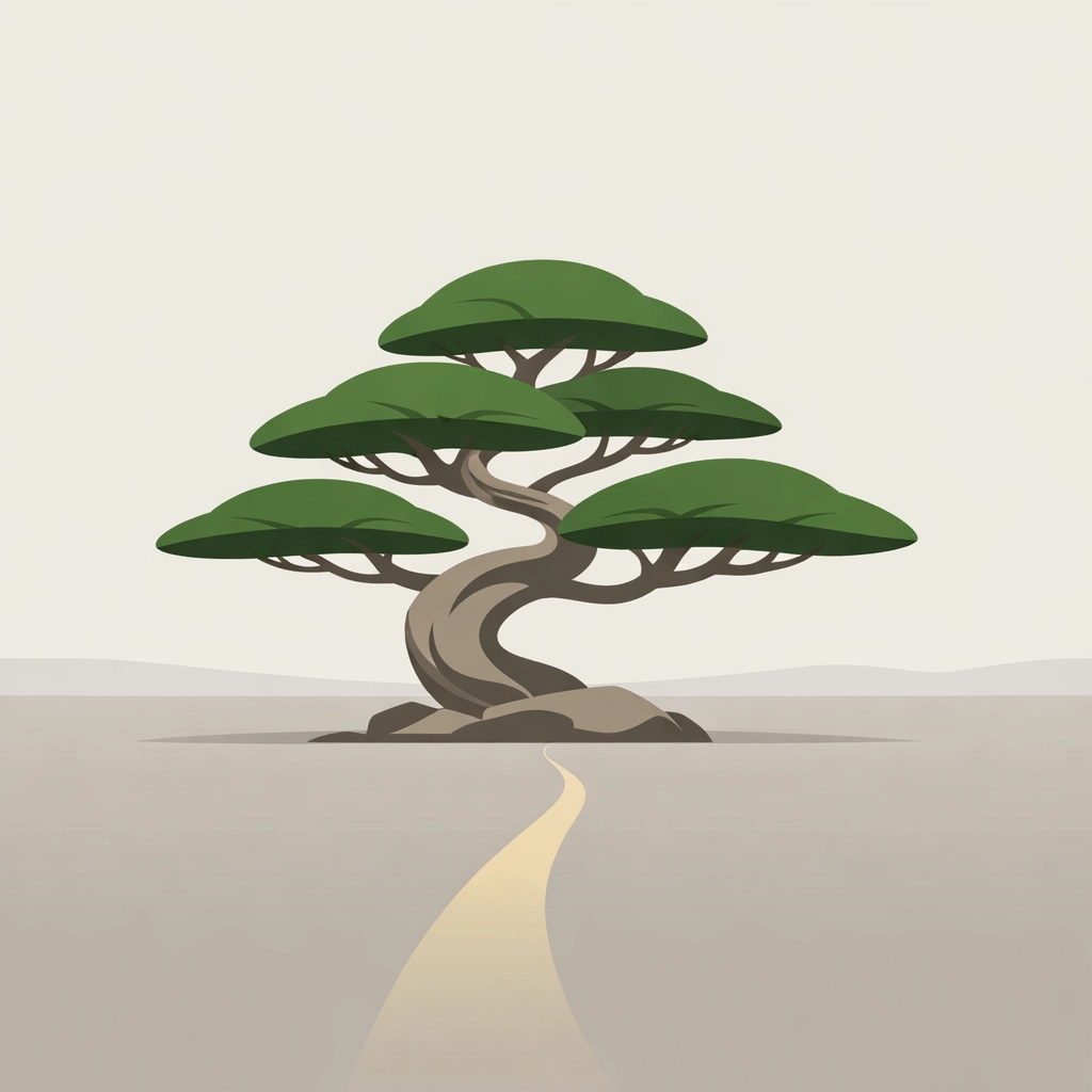 Minimalist bonsai tree and golden path symbolizing the strategic growth roadmap for global travel agencies.