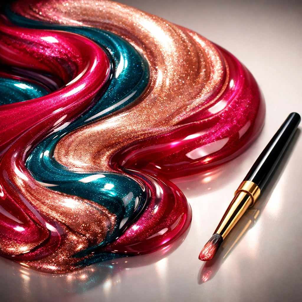 Vibrant swirls of premium Japanese gel polish in luxury shades like raspberry and turquoise.