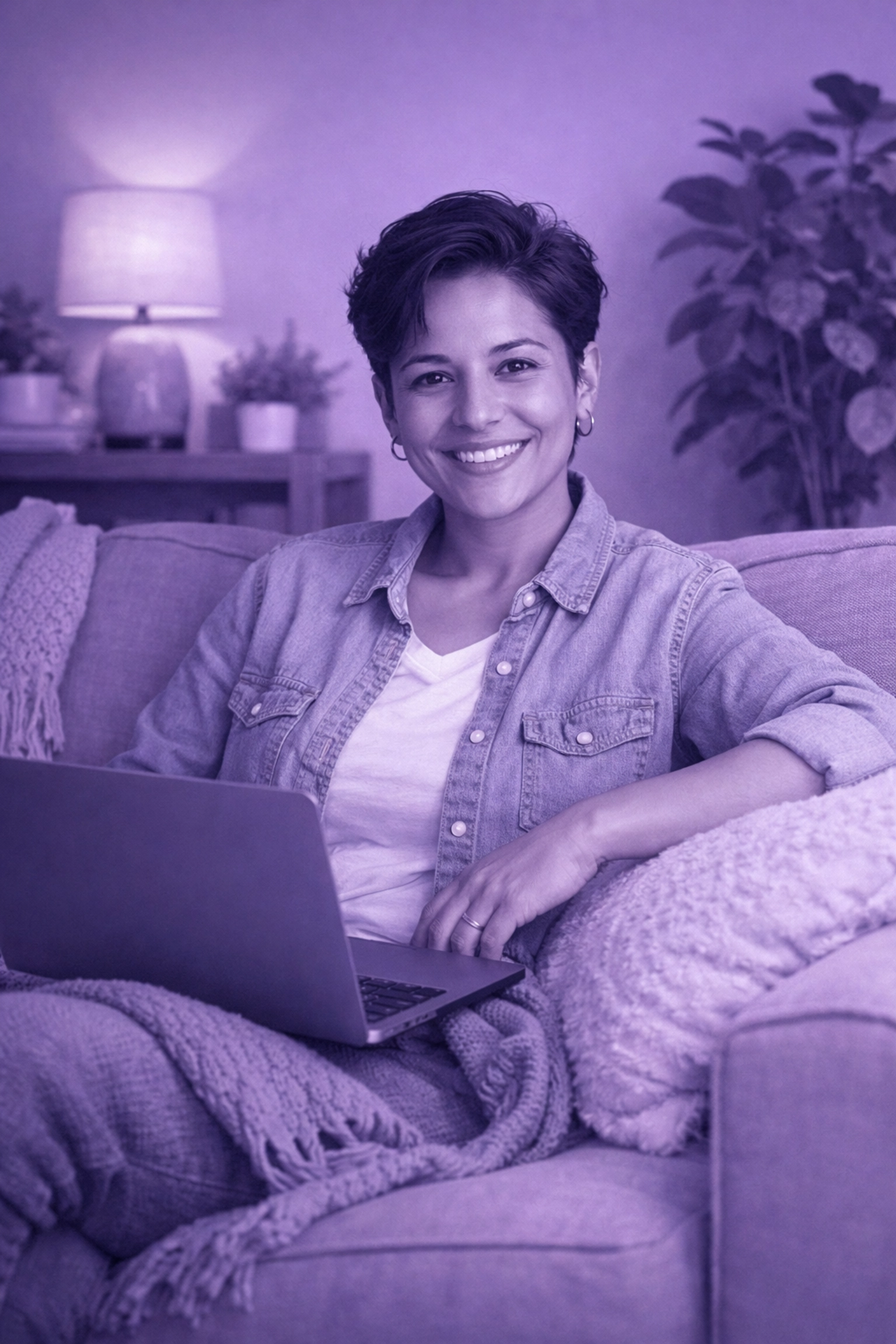 A smiling person on a sofa applying for a secure same-day loan on their laptop in Canada.