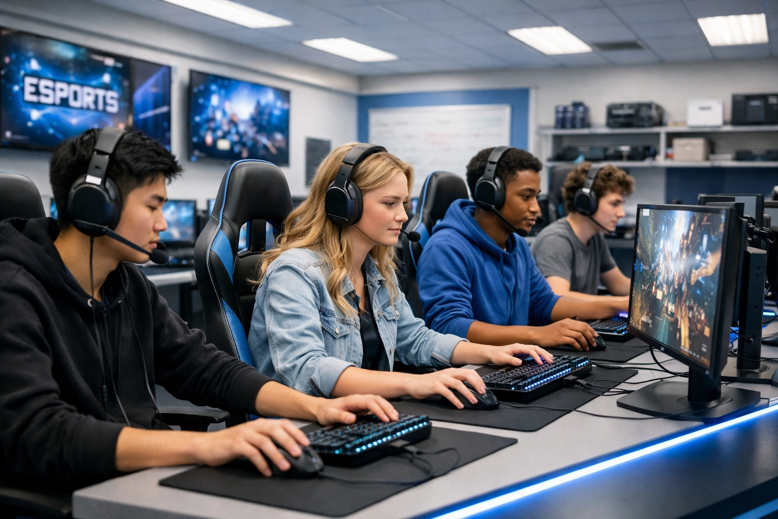 High school students using professional esports gaming pods for simulation-based education and sponsorship.