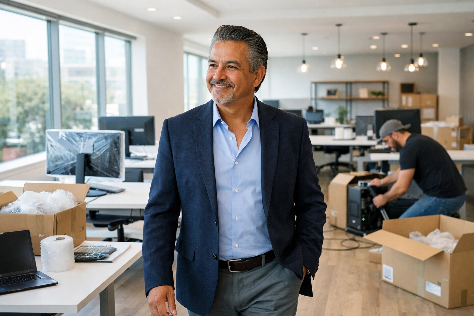 Entrepreneur in renovated office space with new business equipment and technology