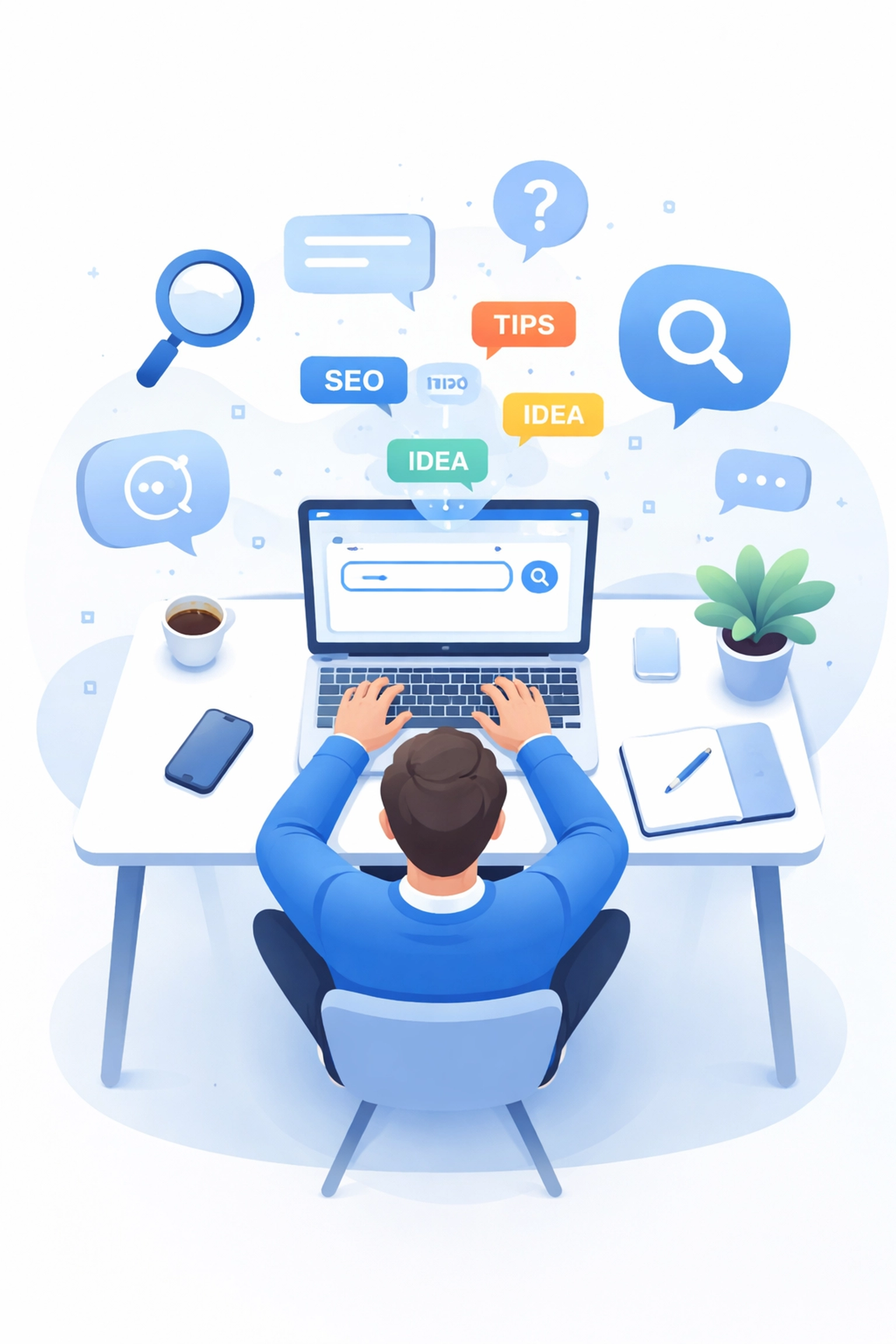 Person at desk using laptop to research SEO keywords with icons representing search queries