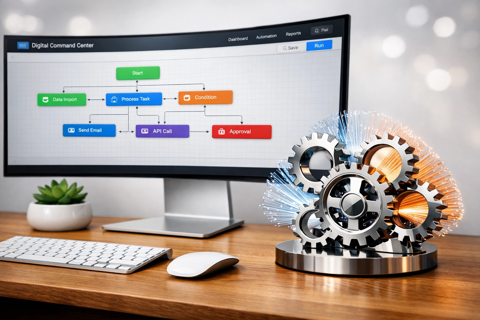 A digital workspace featuring a visual low-code automation dashboard for efficient business task management.