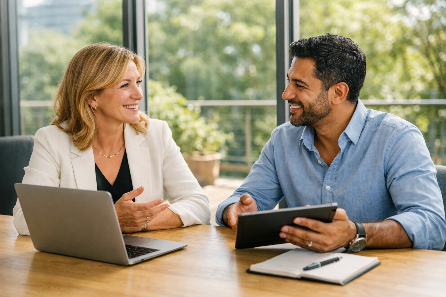 Professionals collaborating on ServiceNow strategy and outcome-based managed services in a modern office.