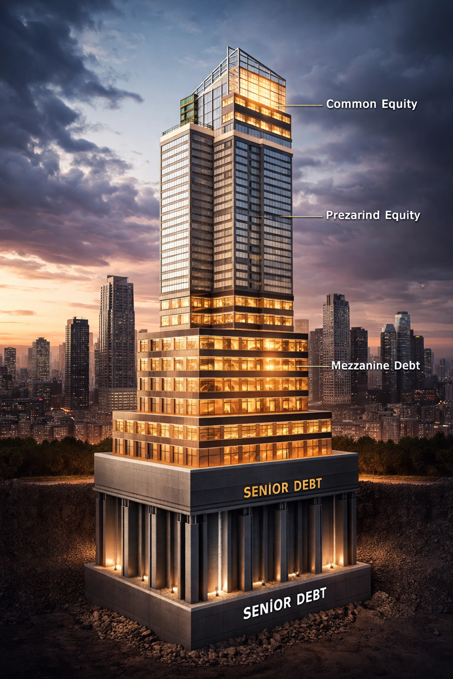 Cross-section of a skyscraper with layers showing senior debt, mezzanine debt, preferred equity, and common equity, illustrating capital structure hierarchy.