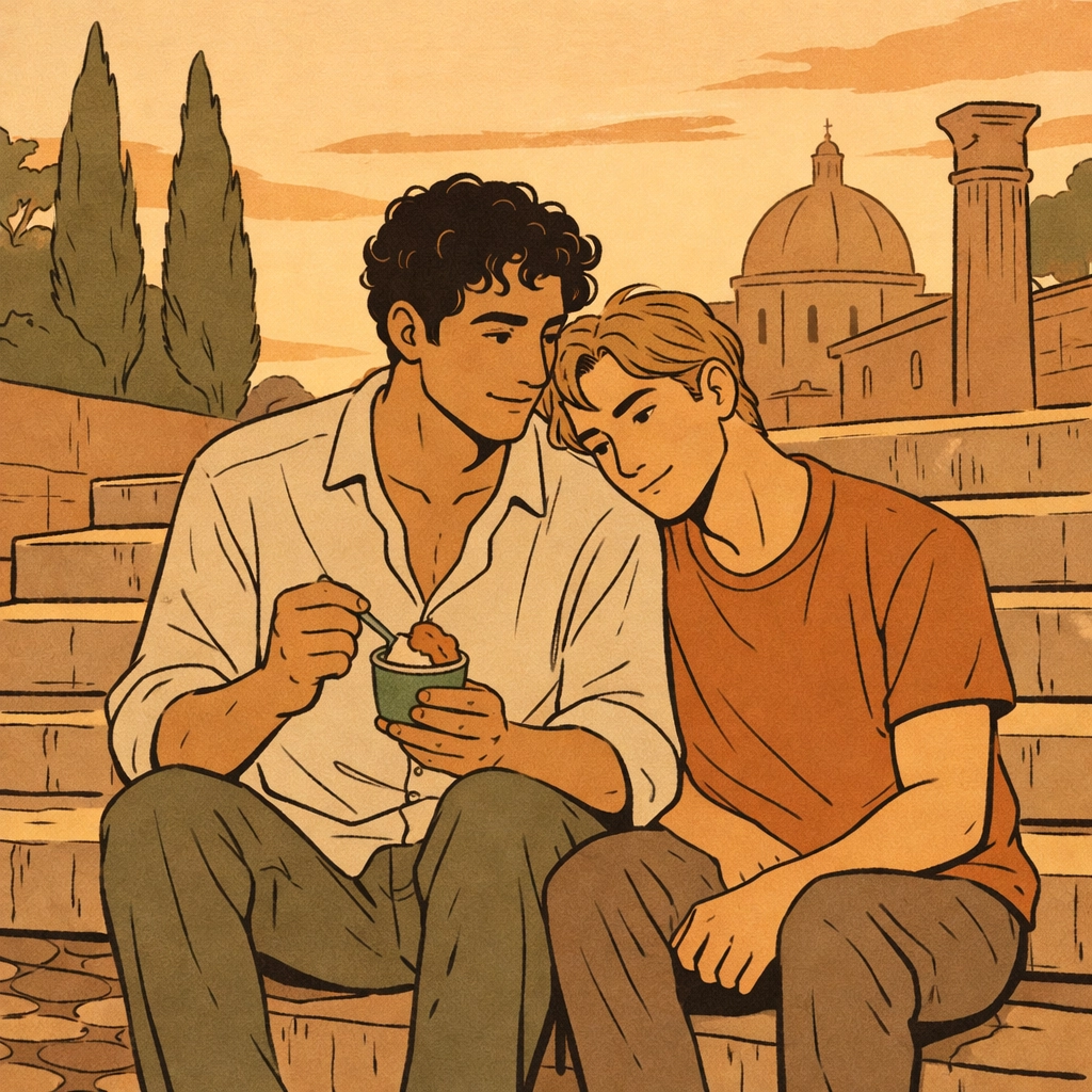 Gay couple sharing gelato on ancient Roman steps in MM romance novel setting