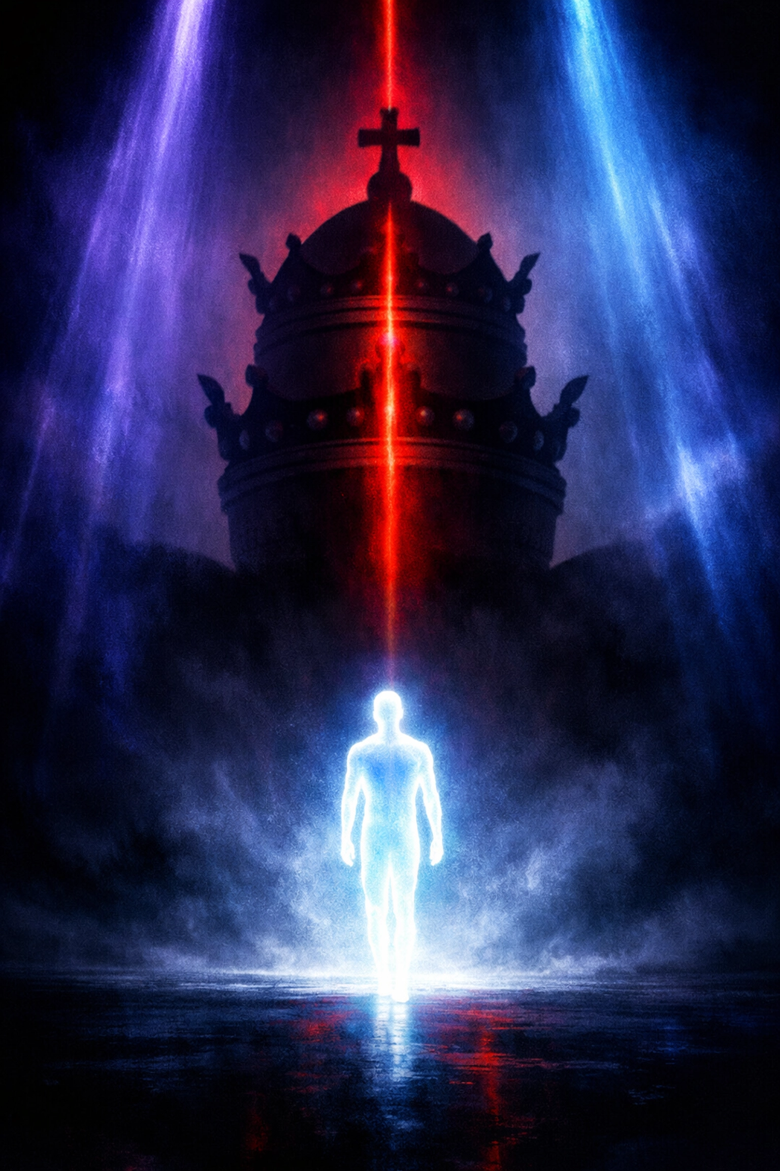 Glowing soul silhouette under a shadowy papal crown, symbolizing Vatican legal claims and maritime law jurisdiction.