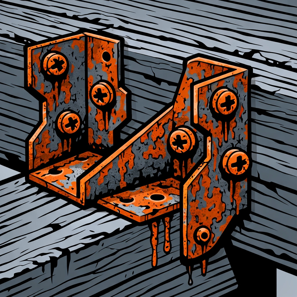 Close-up of rusted deck hardware and joist hangers needing replacement for structural safety.