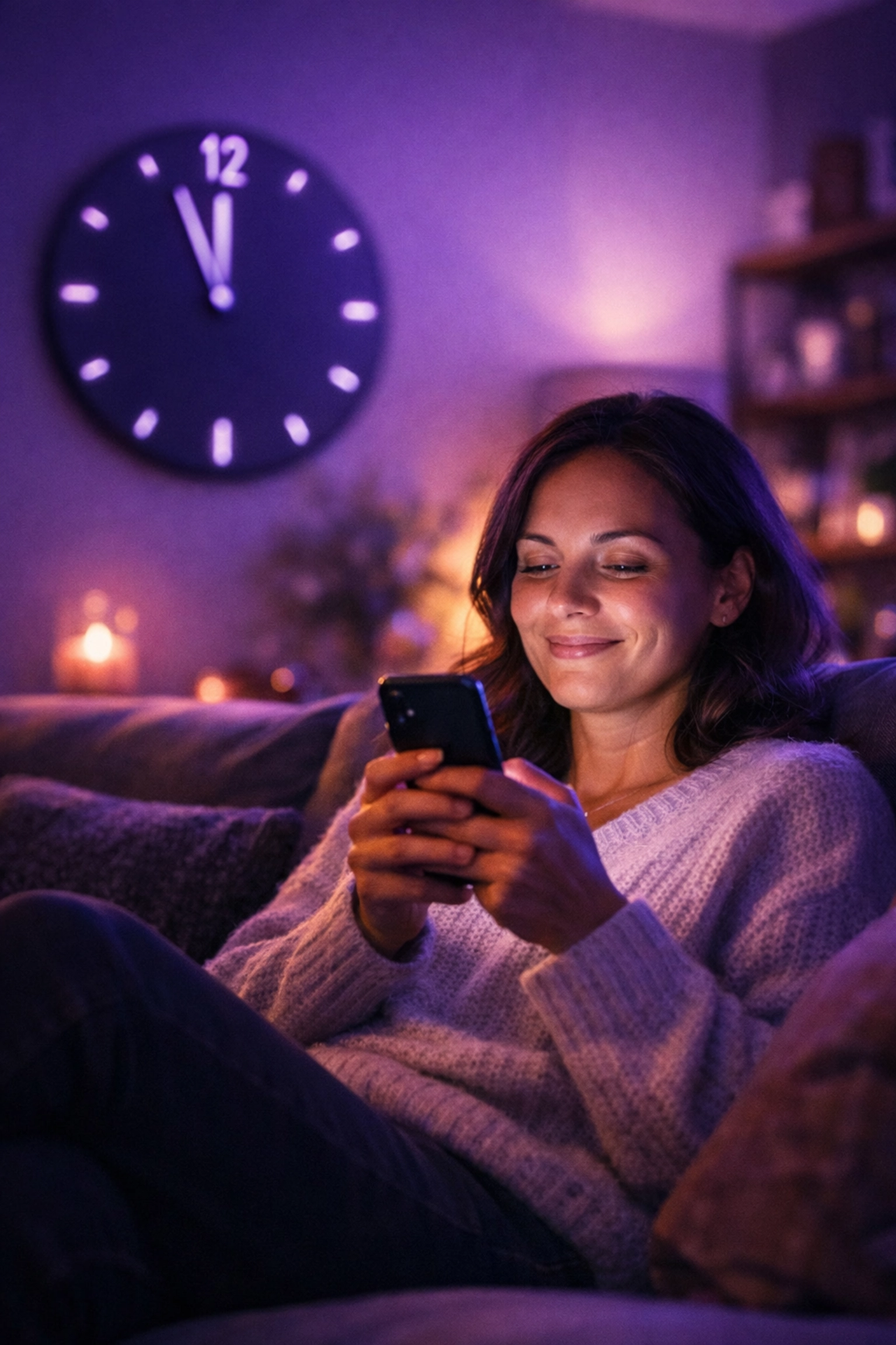 A customer comfortably using their phone at night to access always-on automated business services.