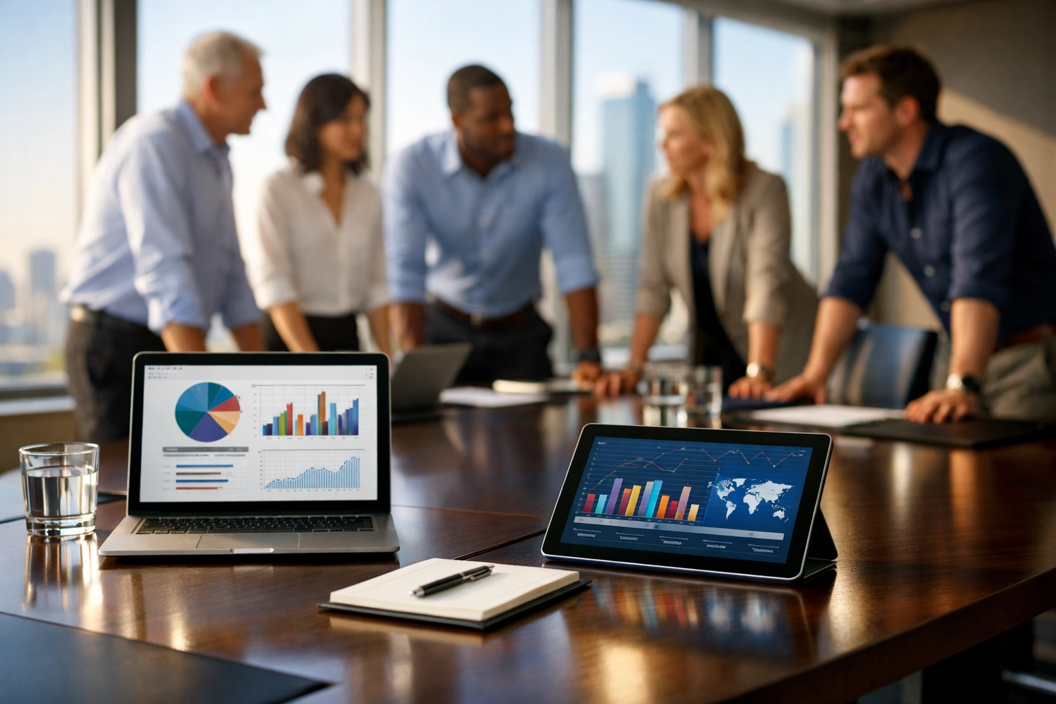 Business professionals planning a media strategy for Super Bowl 2026 in a modern office.