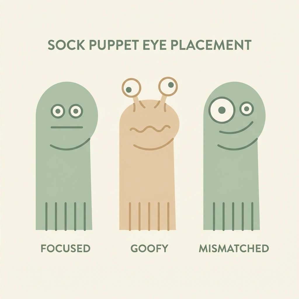 Three sock puppets with different eye positions show how eye placement changes expressions in sock puppet crafts
