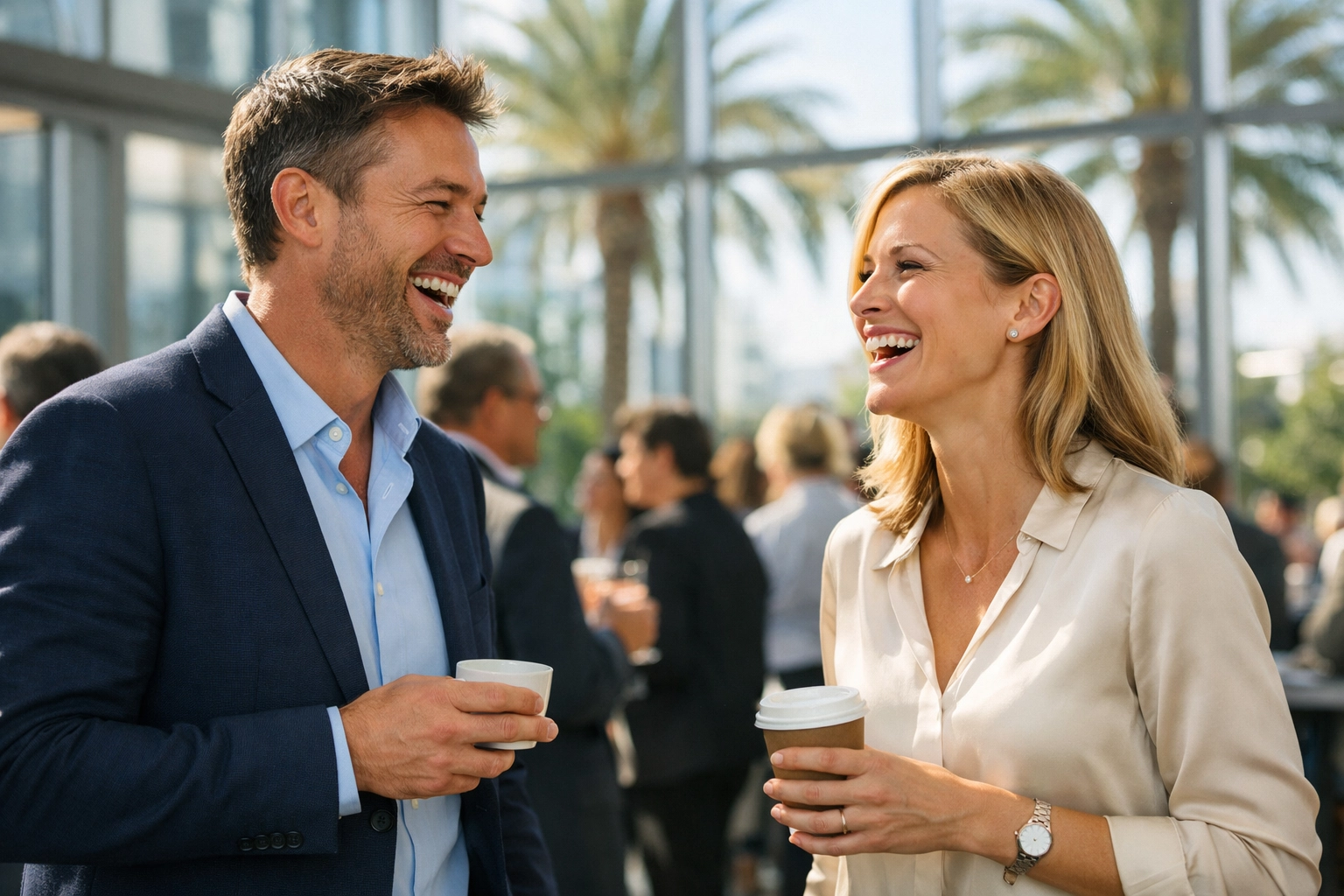 Corporate event photographer Miami captures candid networking between business professionals in a modern atrium.