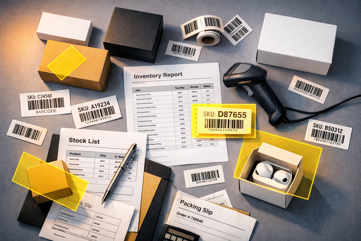 Overhead view of organized workspace showing Amazon account management and inventory complexity